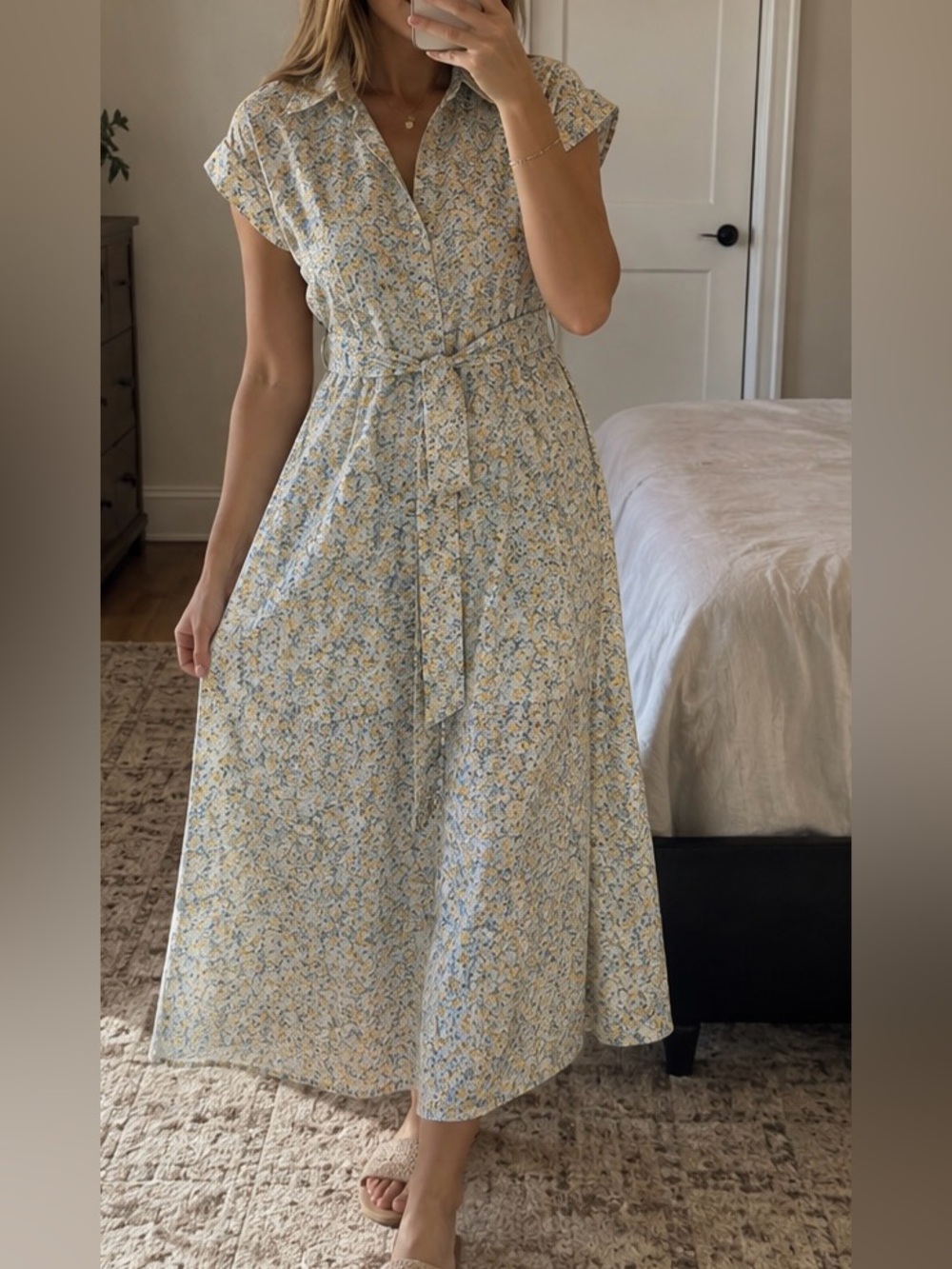 NWT En Saison Floral Midi Dress Blue Yellow Ivory Belted Shirt Dress L - Picture 5 of 5